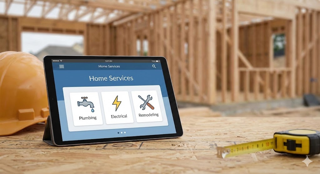 Modern living room with a digital tablet on a coffee table displaying home repair icons (AI Generated Illustration)