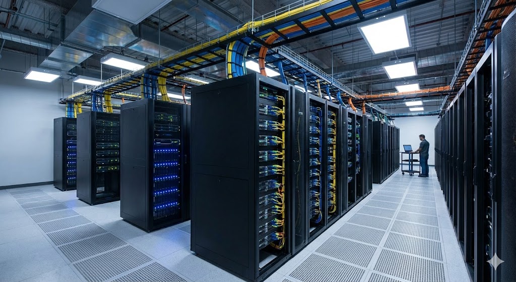 Digital slot machine reels with fiber optic data streams in a modern server room environment (AI Generated Illustration)