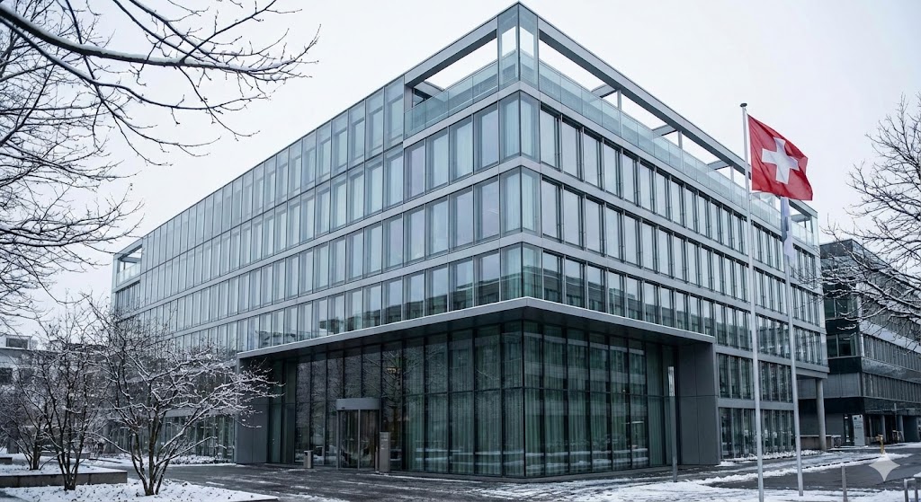 Modern glass facade of the Helvetia Baloise headquarters in St. Gallen Switzerland under winter sky (AI Generated Illustration)