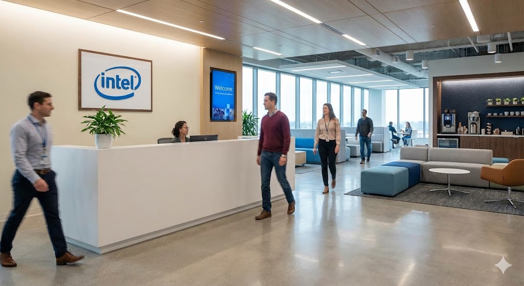 Interior of a office building with INTEL themed decor (AI Generated Illustration)