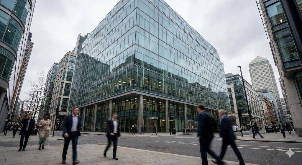 Modern glass skyscraper in a financial district representing global banking and corporate finance (AI Generated Illustration)