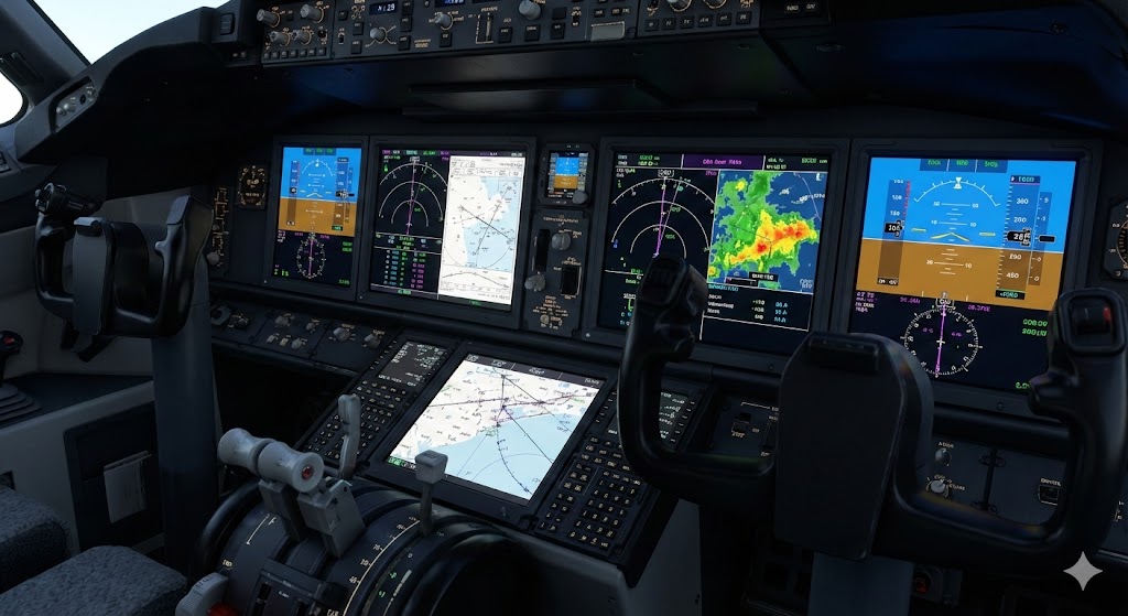 Pilot hand using digital tablet with illuminated flight plan in dark aircraft cockpit (AI Generated Illustration)