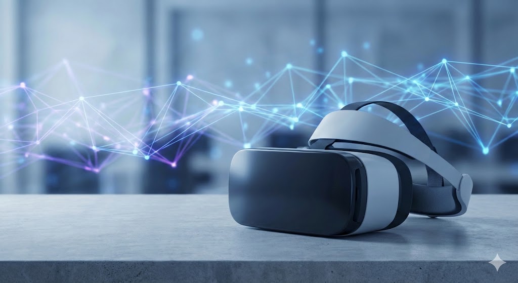 Virtual reality headset resting on a modern office desk with abstract digital data network background (AI Generated Illustration)