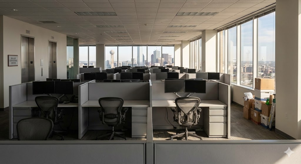 Empty office cubicles in a Dallas corporate building with city skyline visible through windows (AI Generated Illustration)