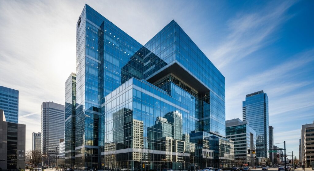 Modern glass office building reflecting a blue sky in an urban business district (AI Generated Illustration)